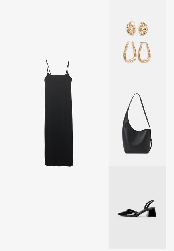 Abito nero senza maniche realizzato in tessuto liscio, con spalline sottili e una silhouette dritta che arriva a metà polpaccio.; Décolleté in vernice nera con punta affusolata e tacco in geometria cubica. Presentano un design elegante e minimalista, con una texture liscia.; Borsa hobo nera in pelle con una superficie liscia, forma curvata e una singola tracolla regolabile; presenta un'ampia apertura nella parte superiore.; Orecchini in tono oro caratterizzati da forme ondulate eTexture. Comprendono chiusure clip-on scultoree e un design a cerchio aperto con finitura martellata.