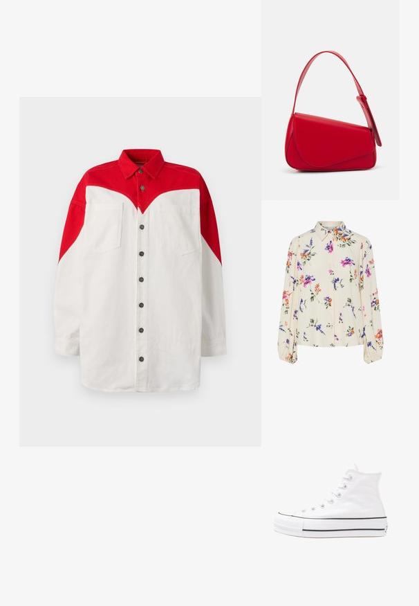 Fiorucci HEART SHIRT DRESS - Rochie tip cămașă - red/white; Bluză florală cu mâneci lungi și puff, bază de crem deschis, cu modele florale în nuanțe de violet, portocaliu și verde, și design cu guler clasic.; Adidași albi tip pantofi sport cu glezna din pânză, cu talpă din cauciuc negru, capac de vârf din cauciuc frontal și șase ochiuri pentru șireturi, având un design curat și minimalist.; Geantă de mână din piele roșie, cu un design unghiular și geometric. Dispune de o singură curea ajustabilă și un sistem de închidere cu clapetă, cu detalii cusute.