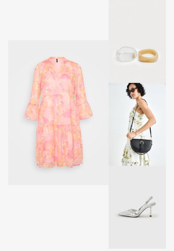 Lett, lagdelt kjole med V-hals og klokkefermer. Har et akvarell-lignende mønster i rosa og oransje nyanser.; Sølv slingback høyhelte sko med spiss tå, metallisk finish, to dekorative stropper, og en slank hæl med svart tupp.; Svart lærveske med en buet form, avtagbar stropp og gullbeslag. Vesken har et klaff med spenne-detall.; Klare og ravfargede harer, den ene glatt og gjennomsiktig, den andre med en teksturert, ravfarget finish. Begge har avrundede, kraftige design.