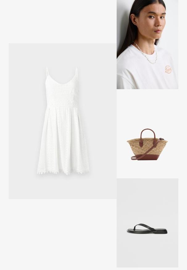 Bijela čipkasta haljina s prilagođenim korzetom i raširenim suknjom. Ima tanke naramenice, V-izrez i složene cvjetne uzorke.; Crne japanke od glatke kože, s tankim remenčićem i ravnim potplatom minimalističkog profila. Bez značajnih uzoraka ili akcenata.; Woven straw basket torba s smešnim kožnim detaljima, dva ručka i odvojivim remenom. Savijen oblik s čvrstim dnom.; Bijela pamučna majica s narančastim logotipom, ukrašena srebrnim lančićem s međusobno povezanim karikama, prikazana na neutralnoj pozadini.