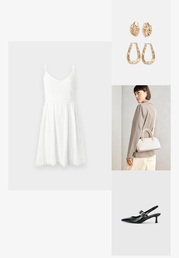 Witte kanten jurk met een aansluitend bovenlichaam en een uitlopende rok. Heeft dunne bandjes, een V-halslijn en complexe bloemenpatronen.; Zwarte gepatineerde leren slingback hakken met een puntige neus en een kleine blokhak, met een zilveren gespaccent op de band.; Witte gestructureerde handtas met korte handvatten en een schouderband, voorzien van gouden hardwareaccenten en een textuurmateriaal, tentoongesteld tegen een grijze achtergrond.; Gouden oorbellen met een getextureerd, golvend ontwerp. Bevat sculpturale clip-on studs en een open ringontwerp met een gehamerd oppervlak.