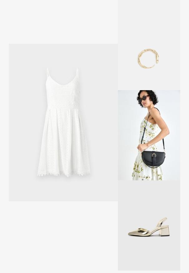 Valge pitskleit, millel on vormiv kehaosa ja laienev seelik. Omab õhukesi rihmu, V-kaelust ja keerukaid lillemustreid.; Kuldne, metallilised slingback-kudumid terava varba ja paksu kontsaga. Sile tekstuur, minimalistlik disain ja kitsas rihm.; Mustmust mustraha kõverate joontega, eemaldatava rihmaga ja kuldsete detailidega. Kotil on klapp, millel on pandladetail.; Kuldtoonis sõrmus, millel on orgaaniline, keerdunud disain sileda tekstuuri ja kitsenevate otstega, luues kaasaegse skulptuurilise välimuse.