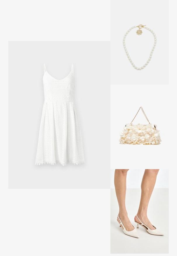 Robe en dentelle blanche avec un corsage ajusté et une jupe évasée. Présente des bretelles fines, un décolleté en V et des motifs floraux délicats.; Escarpins à talon slingback en cuir verni beige avec un bout pointu et un talon de 5 cm, présentant des côtés découpés et une fine bride à la cheville.; Sac à main floral blanc avec une surface en tissu froncé, une chaîne en métal doré et un fermoir en métal. Présente des pétales texturés pour plus de détail.; Lauren Ralph Lauren COLLAR - Collier - gold-coloured/white