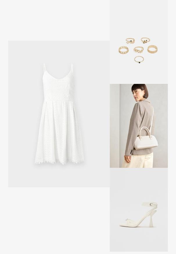 Valkoinen pitsimekko, jossa on istuva bodice ja levenevä hame. Siinä on ohuet hihnat, V-mallinen kaula-aukko ja monimutkaiset kukkakuviot.; Valkoinen nahkainen strappisaapas, jossa on virtaviivainen muotoilu, läpinäkyvä lohko-osa ja koristeellinen elementti varpaassa.; Valkoinen rakenteellinen käsilaukku, jossa on lyhyet kahvat ja olkahihna, varustettu kultaisilla metalliosilla ja tekstuurilla, esillä harmaata taustaa vasten.; Kuusi kultasormusta, joissa on erilaisia kuvioita: punottuja, lehtimuotoisia ja kiinteitä renkaita; osa niistä on varustettu vihreillä jalokivikoristeilla.