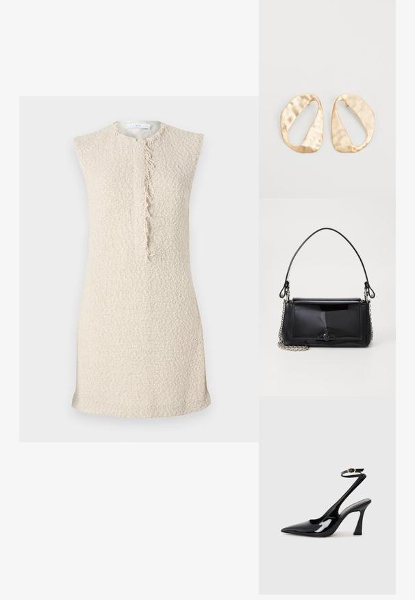 Bež haljina bez rukava izrađena od teksturirane, tkanine. Ima središnji pohabani šav kao detalj. Minimalistički dizajn i ravni kroj.; Crne lakirane slingback cipele s visokom potpeticom, u obliku špice, s podesivim remenom oko gležnja i umjerenom blok-potpeticom. Glatka tekstura s sjajnim završetkom.; Crna patentna kožna torba pravokutnog oblika, s lancem za nošenje i karakterističnim metalnim detaljem u središtu. Glatka tekstura.; Par zlatnih metalnih naušnica nepravilnog ovalnog oblika s teksturiranom, blago kovanom površinom na bijeloj pozadini.