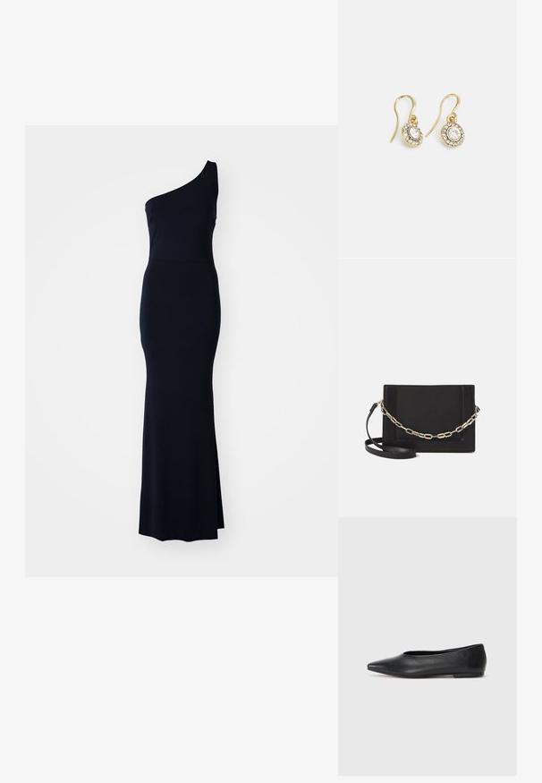 Večerna obleka brez enega ramena v temno modri barvi s sleek, prilegajočim dizajnom. Ima stranski razporek in gladko, raztegljivo blago.; Črne usnjene balerinke, koničast toe, minimalističen dizajn, gladka tekstura, nizka peta, brez vidnih kovinskih delov ali okraskov.; Črna usnjena torba čez ramo z gladko teksturo, pravokotno obliko in kovinskim verižnim detajlom spredaj. Vključena je nastavljiva naramnica.; Zlato obarvani uhani z ovalnimi prozornimi kristali, ki jih obdajajo manjši prozorni kamenčki, s sistemom za oblačenje za varno nošenje.