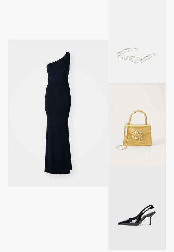 Ühe õlavarrega, tumesinine õhtukleit, millel on voolujooneline ja sobiv disain. Omab külgsplitit ja siledaid, venivaid kangaid.; Must mustrinna nahk Slingback-kleit, millel on terav nina ja peen kont. Tagaküljel on reguleeritav nööbiga rihm. Sujuv tekstuur.; Ovaalsed prillid metallisel hõbedasel raamile, selged läätsed ja tekstuuriga helmedega tempelaktsentidega. Kerge konstruktsioon kaarjate kätega.; Kollane faux-krokodilli käsipindaga kott, millel on struktureeritud disain, ülemine käepide, eemaldatav kettmass ja dekoratiivne kristallkaunistus klambril.