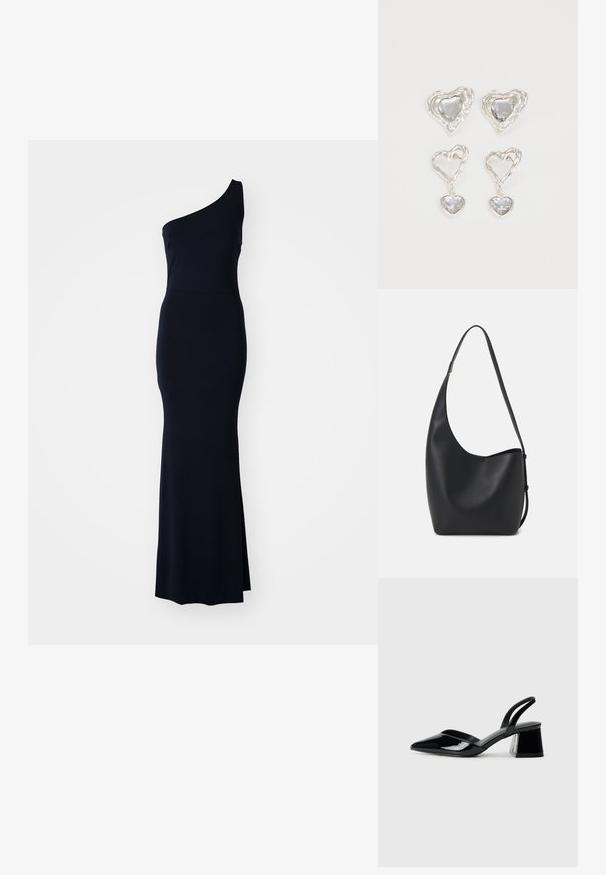Večernja haljina na jedno rame, tamnoplave boje, u elegantnom, prilagođenom dizajnu. Ima bočni prorez i glatku, rastezljivu tkaninu.; Crne lakirane kožne sandale s otvorenom petom i špicastim vrhom, s geometrijskom blok petom. Imaju elegantan, minimalistički dizajn i glatku teksturu.; Crna kožna hobo torba s glatkom teksturom, zakrivljenim oblikom i jednom podesivom trakicom; ima širok otvor na vrhu.; Srebrne naušnice u obliku srca imaju fasetirane prozirne kamenčiće, s teksturiranim okvirom. Set uključuje naušnice na dugme i viseće stilove.
