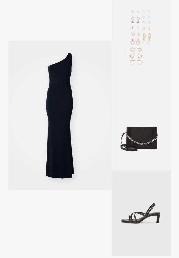 Rochie de seară albastru marin, cu un umăr, într-un design elegant, adaptat pe corp. Dispune de o fereastră pe lateral și un material neted, elastic.; Sandal cu barete negre, cu vârf pătrat și toc mic de bloc. Prezintă mai multe barete subțiri și o bareta ajustabilă la gleznă. Fabricat din piele netedă.; Geantă de umăr din piele neagră, cu o textură netedă, formă rectangulară și un detaliu din lanț metalic în față. Include curea reglabilă.; Set de cercei aurii, cu diverse designuri, inclusiv cercei tip stud, cercei hoop și cercei lungi cu perle și strassuri.