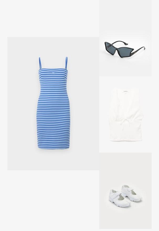 Csíkozott testhezálló ruha váltakozó kék és világoskék csíkokkal, bordázott anyagból készült, testhez simuló sziluettel és logórészlettel a mellrészen.; Fehér ujjatlan felső V-nyakkal, texturált anyagból, megkötős derékrésszel. Simább aljú és laza kialakítás, meleg időjárásra alkalmas.; Fehér sportcipők, amelyek texturált felsőrésszel, állítható tépőzárral, lekerekített orrral és jellegzetes mintázatú vastag talppal rendelkeznek.; Fekete műanyag napszemüveg, geometrikus macskaszem formával, szürke lencsékkel és arany díszítéssel a szárakon. Az egész keret sima tapintású.