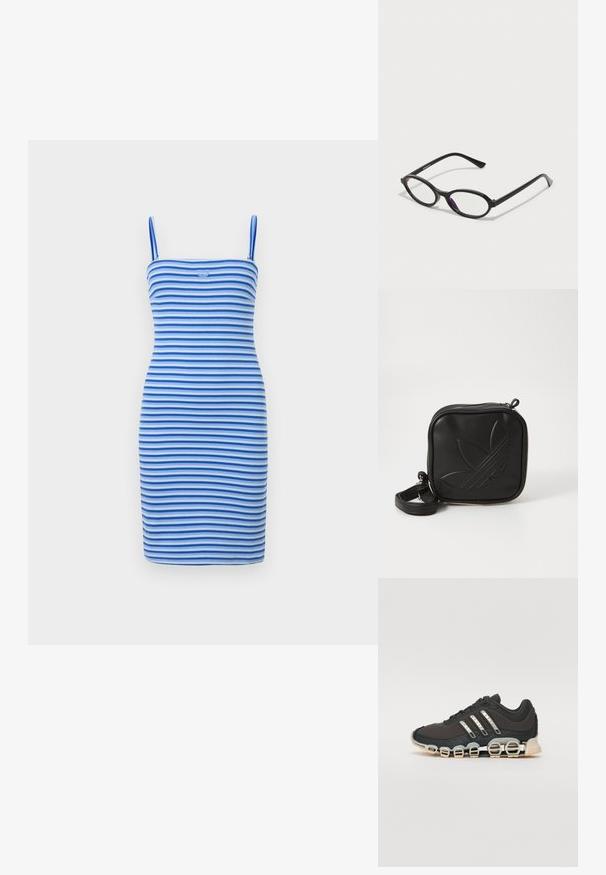 Priliehavé šaty bodycon so striedajúcimi sa modrými a svetlomodrými pruhmi, vyrobené z ryhovanej tkaniny, s priliehavým strihom a detailom loga na hrudi.; Čierna športová obuv s textúrovaným zvrškom, tromi striebornými pruhmi a charakteristickou podošvou s viacerými integrovanými sekciami.; Čierne okuliare s oválnym rámom a priesvitnými fialovými akcentmi na sklách. Rámy majú matný povrch a štíhle, priame nožičky.; Čierna štvorec krossbody taška vyrobená z textúrovaného syntetického materiálu. Obsahuje embosovanú logo úpravu a nastaviteľný popruh. Zapínanie na zips.