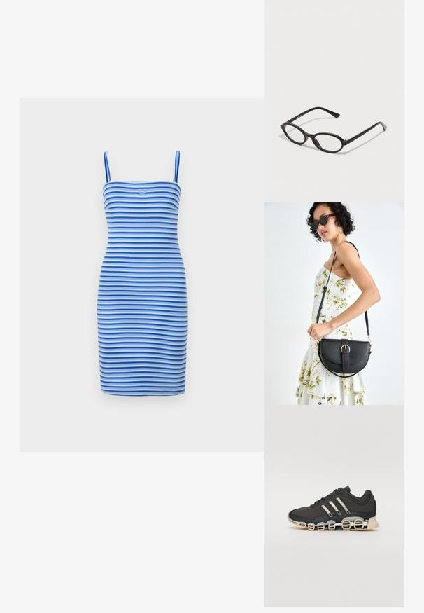 Ribaga kangas, millel on vahelduvad sinised ja helesinised triibud, figuuri järgiv keha kokku riietus, millel on sobiv siluett ja logo detail rinnal.; Must have sportlik kingad musta värvi, millel on tekstuuriga pealisosa, kolm hõbedast triipu ja eristuv pehmendusnähtus, millel on mitmed integreeritud osad.; Must kärgpruunid raamiga prillid, millel on läbipaistvad lilla aktsendid läätsedel. Raamid on mattviimistlusega ja õhukesed, sirged tempels. ; Mustmust mustraha kõverate joontega, eemaldatava rihmaga ja kuldsete detailidega. Kotil on klapp, millel on pandladetail.