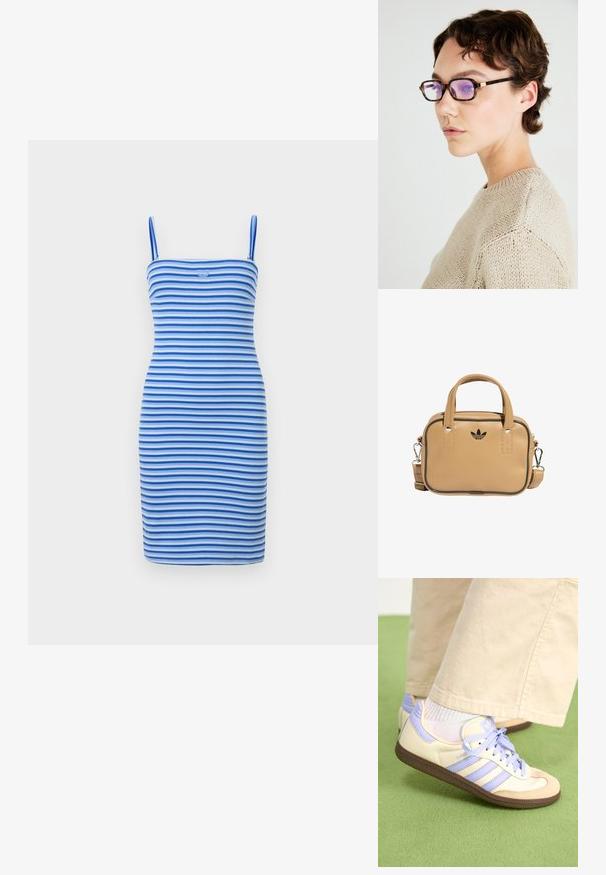 Strammet kroppsnær kjole i vekslende blå og lyseblå striper, laget av ribbestrikket stoff, med en tettsittende silhuett og detalj med logo på brystet.; Kremfargede og lavendelfargede joggesko med tre striper og en teksturert brun såle, med lisser og en polstret hæl. Mykt stofføvre.; Skilpaddeskall rektangulære briller med lilla linser; tynn, elegant ramme; gullhardwaredetalj på brillestangen; teksturert beige genser.; Tan vegan lærveske med to håndtak, avtagbar skulderrem, svart kontrastsøm, og en liten svart logo på fronten.