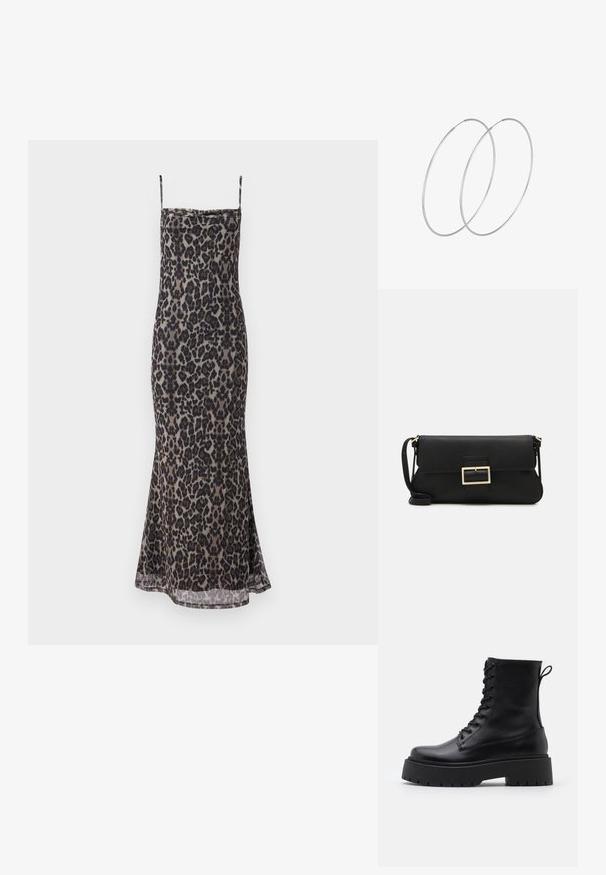 Gina Tricot COWL NECK MAXI - Maxi šaty - leo; Čierne kožené členkové topánky s okrúhlou špičkou, šnurovaním vpredu a hrubou gumovou podrážkou s textúrovaným vzorom. Sťahovací pútko na zadnej strane.; Čierna kožená clutch taška s klopou a zlatým kovovým detailom s prackou. Obsahuje čierny remienok a elegantný, minimalistický dizajn.; Strieborné kruhové náušnice s minimalistickým dizajnom. Cirkulárny tvar, hladký povrch a tenký profil. Ľahké s lesklým povrchom.