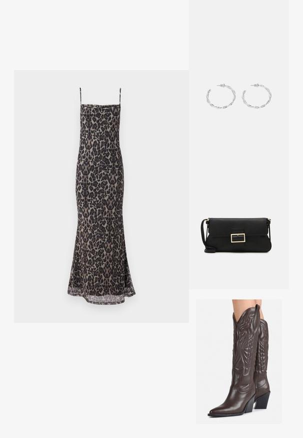 Gina Tricot COWL NECK MAXI  - Maxikleid - leo; Braune Leder-Cowboy-Stiefel mit spitzem Punkt und Blockabsatz, die über detaillierte Stickereien und hervorgehobene Akzente am Schaft verfügen.; Schwarze Leder-Clutch mit Klappe und goldfarbenem Metallschnallen-Detail. Enthält einen schwarzen Riemen und ein schlankes, minimalistisches Design.; Silberne Creolen mit gedrehter Gestaltung, ausgestattet mit einer polierten Oberfläche und einer Steckverschluss. Sie haben einen Durchmesser von ca. 3 cm.