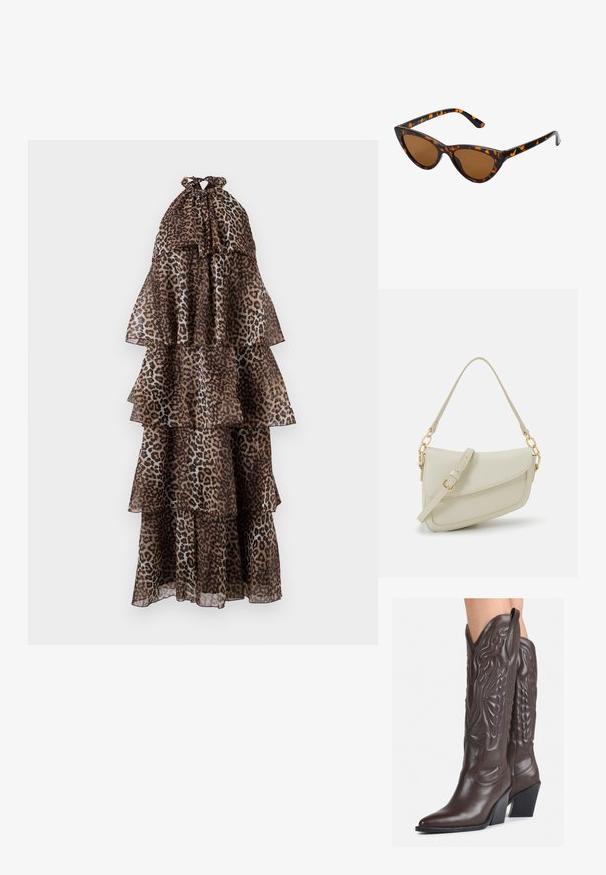 Vestido maxi com padrão de leopardo, em camadas, feito de tecido transparente, com decote halter e bordas franzidas. Tons terrosos dominam o design.; Botas de cowboy em couro castanho com bico pontudo e salto quadrado, apresentando costuras detalhadas e realces elevados no cano.; Óculos de sol estilo gato com uma armação em tartaruga preta e laranja, lentes castanhas e pontas elegantes e pontiagudas. Apresenta um logo minimalista na haste.; Pequena bolsa de creme com um acabamento texturizado, uma alça longa ajustável, um detalhe em corrente e um fecho de aba. Detalhes em hardware dourado.
