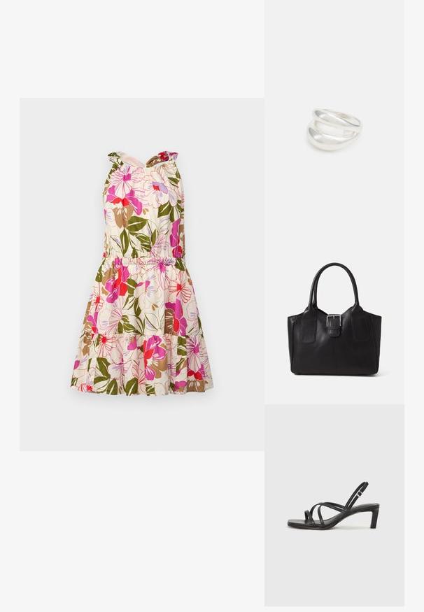 Cvečni bombažni plašč s rožnatimi, rdečimi in zelenimi vzorci. Ima prilegajoč zgornji del, elastičen pas in večplastno krilo.; Črne natikače s trakovi in kvadratnim prstom ter nizkim blokastim peto. Imajo več tankih trakov in nastavljiv trak okoli gležnja. Narejene so iz gladkega usnja.; Črna usnjena torba s gladko teksturo, strukturirano obliko, dvema ročkama in izrazitim srebrnim sponko na sprednji strani.; Srebrn dvojni prstan z gladko, polirano površino. Ima tekoč, ukrivljen dizajn z prekrivajočimi se sekcijami za sodoben videz.