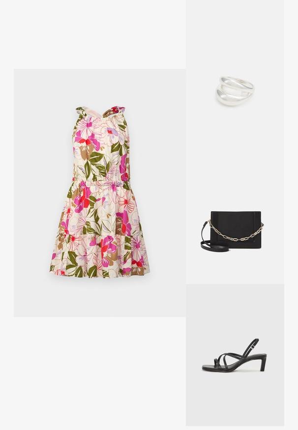 Lillelilleline puuvillane kleit roosa, punase ja rohelise mustriga. Omab keha ümber istuvat korpust, elastset vöökoht ja kihilisi seeliku.; Mustast rihmajalatsid ruudukujulise varba ja madala ploki kontsaga. Omab mitmeid õhukesi rihmasid ja reguleeritavat pahkluu rihma. Valmistatud siledast nahast.; Mustast nahast õlakott, mis omab siledat tekstuuri, ristküliku kuju ning esiküljel metallketi detaili. Reguleeritav rihm on kaasas.; Hõbedane kahekordne rõngas sujuva, poleeritud pinnaga. Omab voolavat, kõverat disaini, millel on kattuvad sektsioonid, et saavutada kaasaegne ilme.