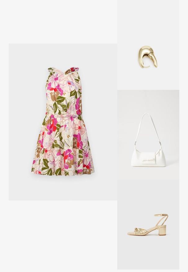 Cvećasta pamučna haljina s uzorcima u ružičastoj, crvenoj i zelenoj boji. Ima uski gornji dio, elastičnu struk i haljinu s naborima.; Zlatne sandale s potpeticama s dizajnom uvijenih traka, otvorenim prstima i remenom oko članka. Imaju blok petu i glatku metalik završnu obradu.; Bijela sintetička torbica s trokutastim oblikom, ravnim prednjim poklopcem i detaljem u obliku mašne, podesivom remenom, glatkom teksturom i minimalističkim dizajnom.; Zlatne metalne naušnice s elegantnim, zakrivljenim dizajnom. Imaju karakterističan šiljast oblik, poliranu površinu i zatvaranje na šarku.