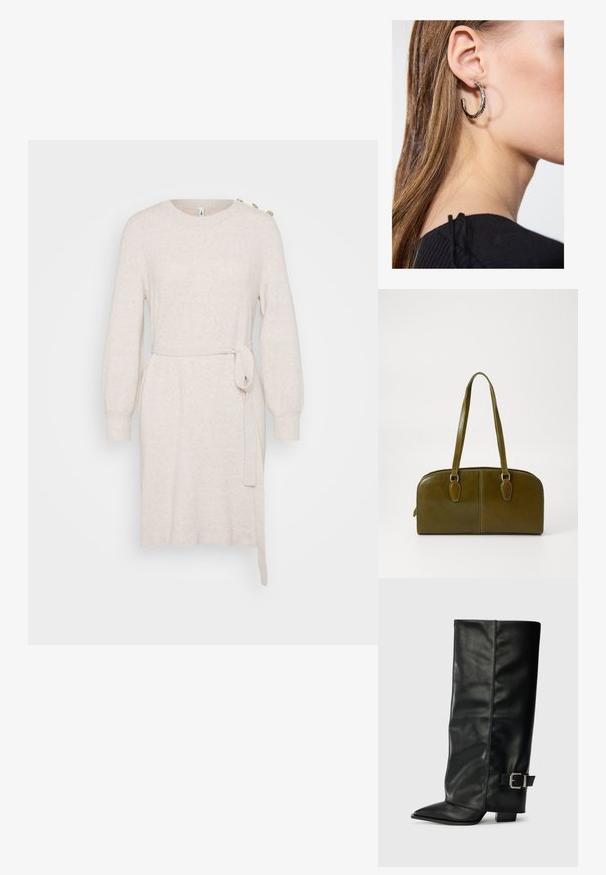 Bež neopränni kleit ümmarguse kaelusega, pikkade õhkuvaid varrukatega, talje sidemega ja külgservaga. Omab dekoratiivseid nuppe õlal.; Mustad musta nahast pahkluu kingad, millel on terav nina, sile tekstuur ja hõbedane pandlaaksent küljel. Tõmblukuga suur ruudukujuline konts.; Olive rohelise nahast käekott ümmarguse kujuga, kahe käepidemega ja sujuva esipaneeliga. Omab sileda tekstuuri ja peeneid õmblusdetailide.; Hõbedane rõngas kõrvarõngas poleeritud viimistlusega, millel on väikesed kuldsed aktsendid ja ümmargune kuju, kantud lobus.