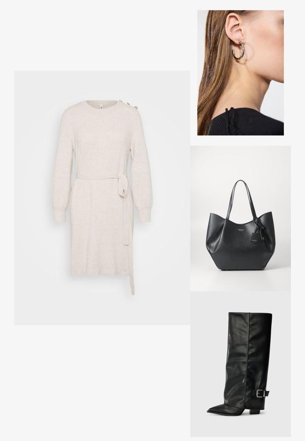 Bež neopränni kleit ümmarguse kaelusega, pikkade õhkuvaid varrukatega, talje sidemega ja külgservaga. Omab dekoratiivseid nuppe õlal.; Mustad musta nahast pahkluu kingad, millel on terav nina, sile tekstuur ja hõbedane pandlaaksent küljel. Tõmblukuga suur ruudukujuline konts.; Mustmust kotte, mis on valmistatud tekstureeritud sünteetilisest materjalist, laia siluettiga, millel on kaks käepidet ja bränditud ripatise detail.; Hõbedane rõngas kõrvarõngas poleeritud viimistlusega, millel on väikesed kuldsed aktsendid ja ümmargune kuju, kantud lobus.