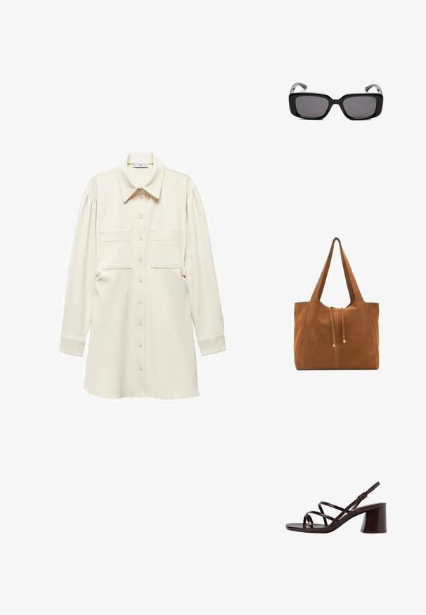 Mango HOBO - Shirt dress - off-white; Brown strappy high-heel sandal with a chunky heel, featuring a smooth, glossy finish and multiple crisscross straps on the upper.; Black rectangular sunglasses with dark lenses, smooth plastic frame, and curved temples. The design is chunky with a minimalist aesthetic.; Brown suede tote bag with two long straps, drawstring closure, and minimalistic design. Smooth texture and no visible hardware accents.