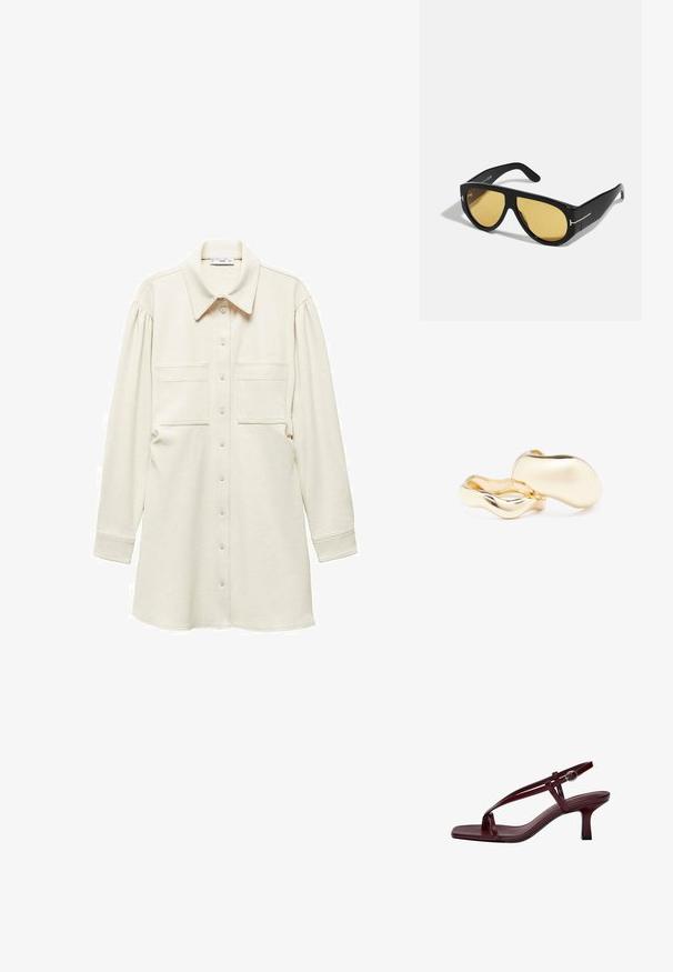 Mango HOBO - Abito a camicia - off-white; Sandali con tacco alto color bordeaux con punta quadrata, cinturini sottili e fibbia alla caviglia. Texture in pelle liscia e tacco a blocco snodato.; Occhiali da sole neri con montatura geometrica, lenti gialle e dettagli dorati sulle stanghette. Texture liscia, forma ampia, design contemporaneo.; Orecchini color oro con una forma organica simile a un fagiolo e una superficie liscia e riflettente; presentano un design minimalista senza hardware visibile.