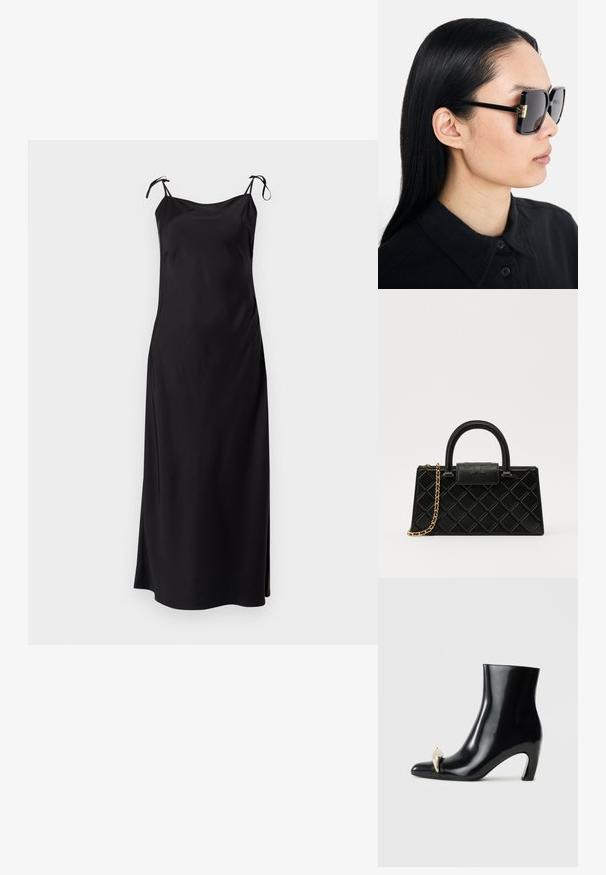 Melns midi kleita ar plānām regulējamām plecu siksnām, gluda auduma, taisna piegriezuma un sānu šķēlumu kustības vieglumam. Nav pamanāmu rakstu.; Melnas potītes zābaki, izgatavoti no spīdīgas ādas, ar smailu purngalu un dekoratīvu zelta un sudraba akcentu priekšpusē. Bloka papēža dizains.; Tory Burch Saulesbrilles - black/dark grey; Melnā rokassomiņa, kas izgatavota no teksturētas ādas, ar dimanta rakstu, zelta toņa ķēdes siksnu un augšējo rokturi ar logo reljefā slēgšanu.