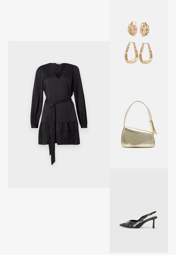 Juodas suknelė su V formos iškirpte, ilgomis rankovėmis ir raišteliu. Apatinėje dalyje užbaigta susirinkusios pakopos, suteikiančios papildomą tekstūrą. Lygus audinio paviršius.; Juodas lakuotas odinis batelis su smailiu pirštu, kulkšnies dirželiais su sidabrinėmis sagtimis ir detalėmis, bei plonu kulnu.; Aukso metalinės rankinės su struktūrizuotu dizainu, lygaus paviršiaus ir reguliuojama dirželiu. Pasižymi unikaliu trikampiu pavidalu ir minimalizmu siuvinėjime.; Auksinės auskarai, turintys tekstūruotus, bangų formos elementus. Įeina skulptūriniai segami auskarai ir atviri lankai su išmuštu paviršiumi.