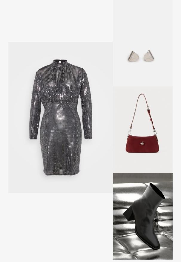 Ezüst flitteres ruha hosszú ujjakkal, magas nyakkal és testhezálló fazonnal. Felszíne textúrált, fényes, tükröződő mintákkal rendelkezik.; Fekete bokacsizma fényes anyagból, négyzetes orral és szűkített sarkú, egy csillogó ezüst kárpitozott háttér előtt.; Piros velúr válltáska ívelt formával. Ezüst tónusú kiegészítőkkel és állítható pánttal, hardver részletekkel. Simább felszíne van.; Ezüst fém fülbevalók sima, csepp alakú formával és fényes felülettel. Finom gravírozások teszik részletessé. Minimalista dizájn.