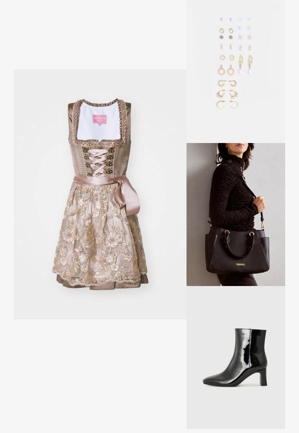 Traditional dirndl dress with a fitted bodice in taupe fabric, adorned with floral embroidery. The skirt features a layered design with lace accents.; Black patent leather ankle boot with a pointed toe and a mid-height block heel. Smooth texture and minimalist design.; Black handbag with textured surface, dual top handles, and adjustable shoulder strap. Features gold-tone hardware and side pockets.; Set of gold-tone earrings featuring various designs, including studs, hoops, and dangling pieces with pearls and rhinestones.