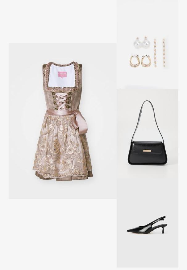 Tradicinė dirndl su prigludusia liemene iš taupe audinio, puošta gėlių siuvinėjimu. Sijonas turi sluoksniuotą dizainą su nėrinių akcentais.; Juodi patentinės odos slingback aukštakulniai batai su smailiu svogūnu, plona pakulne ir reguliuojamu sagtimi. Sklandus paviršius su minimaliais dekoratyviais elementais.; Juodas odinis rankinukas, turintis struktūrišką trikampį formą, siaurą dirželį ir auksinės spalvos detales, su logotipo plokšte ant priekinio užtrauktuko.; Trys auskarų poros: dideli balti perlų studai, auksinės auskarai su skaidriais brangakmeniais ir du ilgi tiesūs auksiniai akcentų auskarai su blizgančiomis detalėmis.