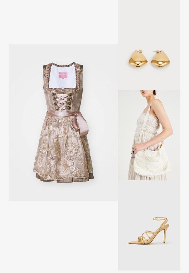 Traditionelles Dirndl mit einem taillierten Oberteil aus taupefarbenem Stoff, verziert mit floralen Stickereien. Der Rock hat ein mehrlagiges Design mit Spitzenakzenten.; Goldener, schnüriger High-Heel-Sandal mit spitz zulaufender Zehenpartie, metallic-finish, schlankem Knöchelriemen und strukturiertem Absatz. Elegantes Design mit minimalen Akzenten.; Weiße Stoff-Schultertasche mit geraffter Textur, verstellbarem Riemen und silbernen Beschlägen. Nebeneinander mit einem cremefarbenen Kleid präsentiert.; Goldfarbene Metallohrringe in einer glatten, abgerundeten dreieckigen Form mit Steckverschluss; reflektierende Oberfläche mit minimaler Detailarbeit.