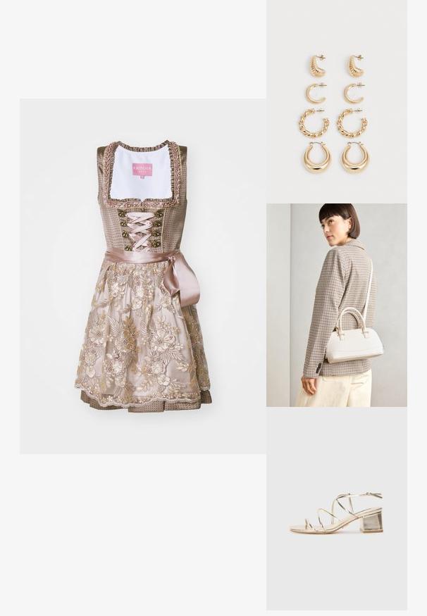 Traditionelles Dirndl mit einem taillierten Oberteil aus taupefarbenem Stoff, verziert mit floralen Stickereien. Der Rock hat ein mehrlagiges Design mit Spitzenakzenten.; Goldfarbene, metallische Sandale mit verstellbarem, quadratischem Blockabsatz und offenen Zehen. Sie verfügt über dünne Riemen und einen hinteren Knöchelriemen zur Anpassung.; Weiße strukturierte Handtasche mit kurzen Griffen und einem Schultergurt, ausgestattet mit goldfarbenen Hardware-Elementen und strukturiertem Material, vor einem grauen Hintergrund präsentiert.; Set aus fünf goldenen Ohrringen mit unterschiedlichen Designs: gedrehte, gerillte und glatte Oberflächen in Creolen- und Halbmondformen.