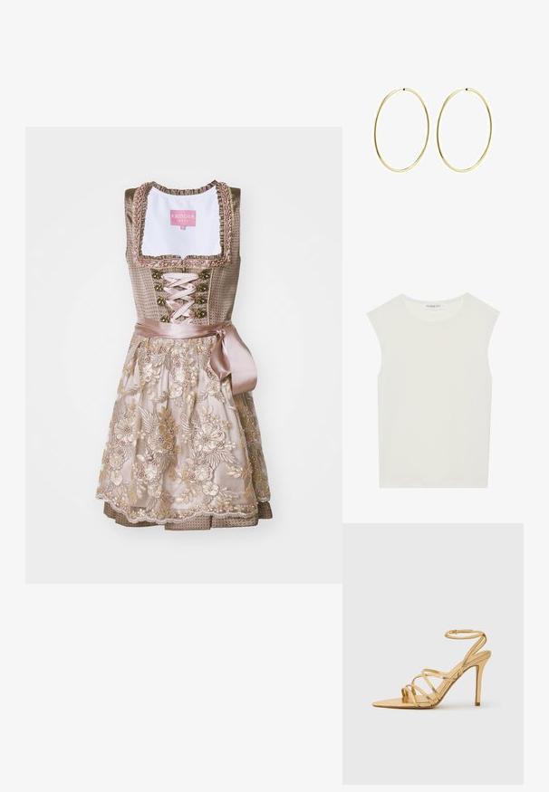 Tradicionāla dirndl kleita ar pieguļošu korpusu taupe krāsā, rotāta ar ziedu izšuvumiem. Apakšdaļai ir slāņota dizaina, ar mežģīņu akcentiem.; Balts bez piedurknēm tops ar apaļu kakla izgriezumu. Izgatavots no gludas auduma, tam ir brīvs piegriezums un minimālistisks dizains. Nav nekādas rakstainības vai akcentu.; Zelta siksniņu augstpapēžu sandalē ar norādītu pirkstu, metālisku apdari, slaidu potītes siksnu un teksturētu papēdi. Elegants dizains ar minimāliem akcentiem.; Bežs rokassoma, izgatavota no mīksta materiāla, ar brīvu dizainu, izšūtu apdari un divām plecu siksnām. Piemērota ikdienas lietošanai.; Zelta riņķa auskari ar gludu, noapaļu dizainu. Plāni un viegli, ar nepārtrauktu cilpu bez jebkādām rotājumām.