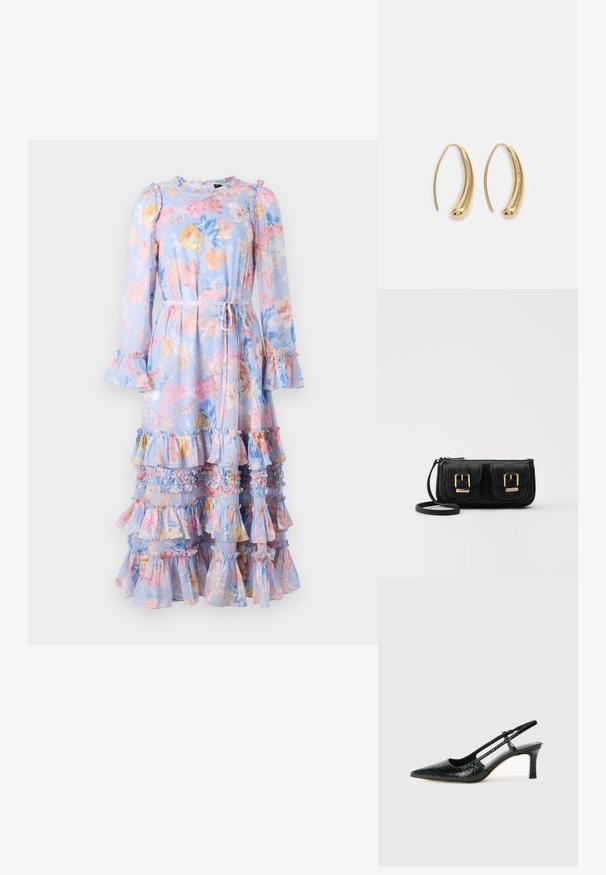 Cvečni dolgi rokavi obleko v svetlo modri barvi z nabranimi rokavi in tiered volančki. Ima pasni trak in živahen cvetlični vzorec v pastelnih barvah.; Črne lakaste slingback pete s koničastim nosom, ki imajo teksturiran vzorec kačje kože, nastavljiv trak in kratek teksturiran blok peto.; Črna usnjena torbica čez ramo z dvema sprednjima žepoma, zlatimi zaponkami, zadrgo in ozkim pasom. Tekstura površine je strukturirana, obliko pa ima kompaktno pravokotno.; Zlato-tonirani kovinski uhani v obliki obroča s krivuljo in podolgovato obliko. Imajo gladko, sijočo površino in zaobljen vrh za dodaten detajl.