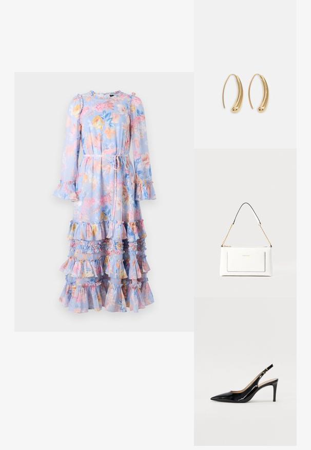 Vestido de mangas longas floral em azul claro com mangas assimétricas e babados em camadas. Apresenta um laço na cintura e um vibrante padrão floral em cores pastéis.; Sandal com salto em verniz preto, bico fino, salto esguio e um design de recorte subtil. Apresenta uma fivela dourada na alça.; Bolsa de mão branca em couro com acabamento texturizado, featuring a corrente dourada e detalhes pretos. Inclui um bolso frontal e fecho com zipper.; Brincos em metal dourado com forma de arco alongado e curvado. Apresentam uma superfície lisa e brilhante, com uma ponta arredondada para um detalhe adicional.