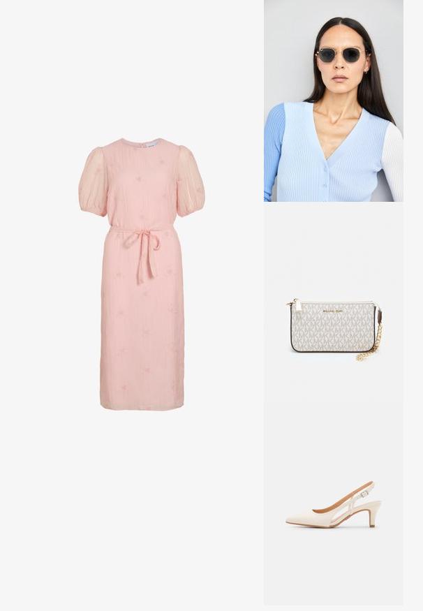 Vaaleanpunainen midi-mekko puffihihan kanssa, pyöreä pääntie, pieni kukkakirjonta ja sidottu kangashihna vyötäröllä.; Valkoinen slingback-korkokenkä, jossa on terävä kärki, sileä päällismateriaali, matala lohkokorko ja sivuaukko-design säädettävällä soljella.; Pyöreät aurinkolasit, joissa on tummat linssit ja kultaiset kehykset. Mallilla on päällään vaaleansininen, ribatusta materiaalista valmistettu neuletakki, jossa on napit ja kontrastiväriset valkoiset hihat.; Michael Kors kääröbeige pinnoitettua kangasta, jossa on toistuva MK-logo -kuvio, kultaiset yksityiskohdat ja irrotettava ketjuhihna.
