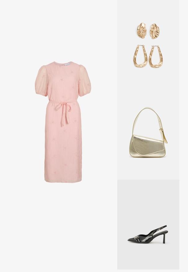 Svetloružová midi šaty s balónovými rukávmi, okrúhlym výstrihom, drobnou kvetinovou výšivkou a viazaným látkovým opaskom v páse.; Čierne lakované kožené slingback topánky s špicatou špičkou, remienkami okolo členku s striebornými prackami a hardvérom, a štíhlým podpätkom.; Zlatá metalická kabelka so štruktúrovaným dizajnom, hladkou textúrou a nastaviteľným popruhom. Obsahuje jedinečný trojuholníkový tvar a minimalistické šitie.; Náušnice v zlatej farbe s textúrovanými, vlnitými tvarmi. Obsahujú sochárske klipsové náušnice a otvorený tvar krúžku s kladivkovým povrchom.