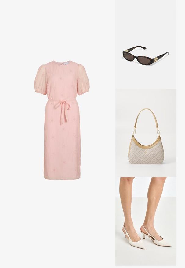 Abito midi rosa chiaro con maniche a puff, scollatura rotonda, piccole ricami floreali e cintura in tessuto annodata in vita.; Tacchi slingback in pelle lucida beige con punta affusolata e tacco di 5 cm, caratterizzati da lati traforati e una sottile fascia alla caviglia.; Occhiali da sole tartarugati con lenti ovali allungate, tonalità marrone, accenti dorati con logo sulle tempie e aste nere eleganti.; Borsa a tracolla beige con un motivo stampato, forma curvata, dettagli in pelle e un logo dorato sul davanti. Presenta una maniglia corta per un facile trasporto.