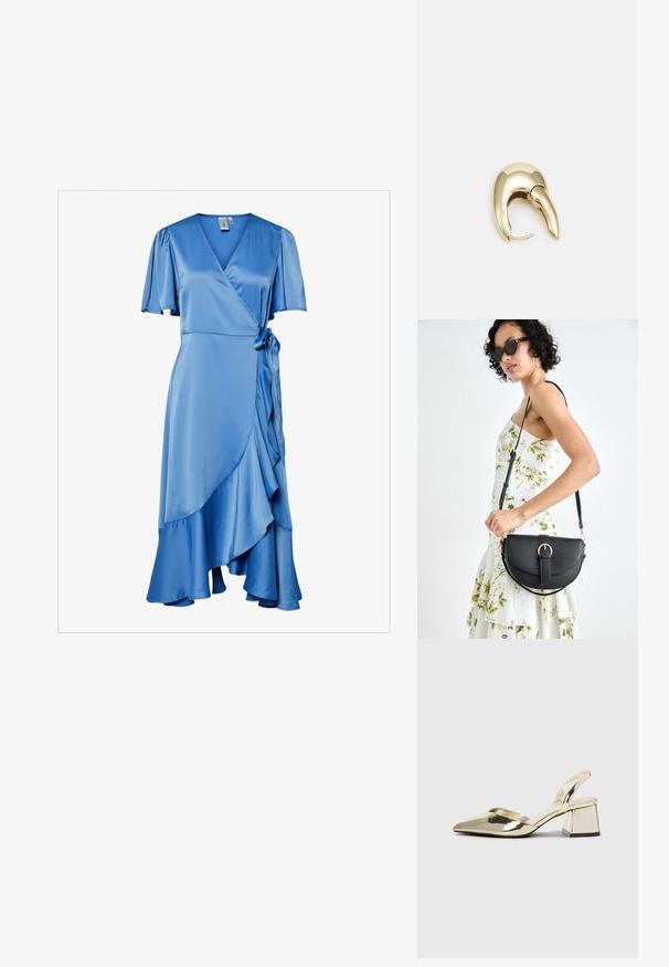 Blå satin omslagsklänning med korta fladdrande ärmar, V-ringning, ett knyt vid midjan och en volangkant för extra textur.; Guld, metalliska slingback-klackar med spetsig tå och chunky klack. Slät textur, minimalistisk design och en smal rem.; Svart läderhandväska med en böjd form, avtagbar rem och guldiga detaljer. Väskan har ett lock med en spänndetalj.; Örhänge i guldtonad metall med en elegant, böjd design. Har en distinkt spetsig form, polerad yta och gångjärnslås.