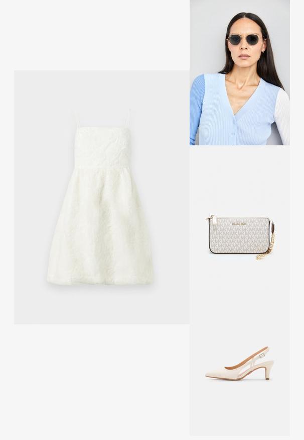 Biele šaty s tenkými ramienkami, textúrovaným kvetinovým vzorom, priliehavým korzetom a rozšírenou sukňou po kolená. Ľahká, jemná tkanina.; Biele slingback topánky na podpätku s ostrou špičkou, hladkým vrchným materiálom, nízkym blokovým podpätkom a bočným výrezom s nastaviteľným remienkom na pracku.; Okrúhle slnečné okuliare s tmavými šošovkami a zlatým rámom. Modelka má na sebe svetlomodrý pletený kardigán s gombíkmi a bielymi rukávmi v kontraste.; Michael Kors zápästná taška v béžovej potiahnutej plátenej tkanine s opakujúcim sa vzorom loga MK, zlatým kovania a odnímateľným reťazovým popruhom.