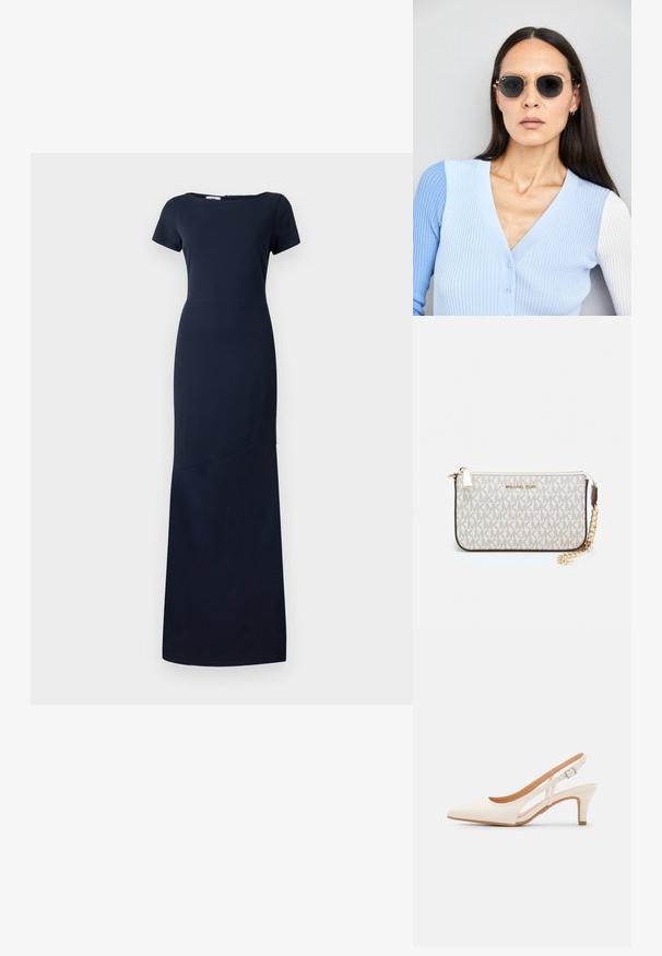 Tengerészkék, rövidujjú ruha kerek nyakkivágással és hosszú, egyenes siluettel. Simább, egyenletes anyag, láthatatlan cipzárral a hátsó részen.; Fehér slingback sarok, hegyes orral, sima felső anyaggal, alacsony blokk sarkával és oldalsó kivágott dizájnnal, állítható csatpánttal.; Kerek napszemüveg sötét lencsékkel és arany kerettel. A modellen világoskék, bordázott kardigán van gombokkal és kontrasztos fehér ujjaival.; Michael Kors bézs bevonatos vászon karkötő, amely ismétlődő MK logó mintával, aranyszínű fémrészletekkel és levehető lánchordóval rendelkezik.