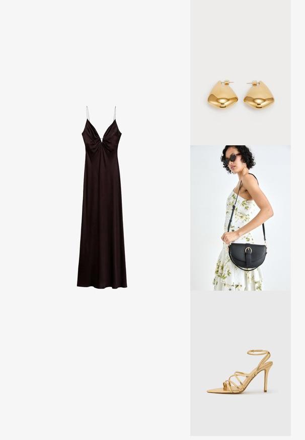 Satin crna haljina s dubokim V-izrezom, tankim podesivim naramenicama i skupljenim detaljem sprijeda, koji se spušta do punog donjeg ruba.; Zlatne sandale s visokom potpeticom i remenčićem, s uskim gležnjačama, špica i metalik završetkom. Elegantni dizajn s minimalnim akcentima.; Crna kožna torba s lukovitim oblikom, odvojivim remenom i zlatnim detaljima. Torba ima preklop s kopčom.; Zlatne metalne naušnice sa glatkim, zaobljenim trokutastim oblikom i dizajnom s postavljanjem na poleđini; reflektirajuća površina s minimalnim detaljima.