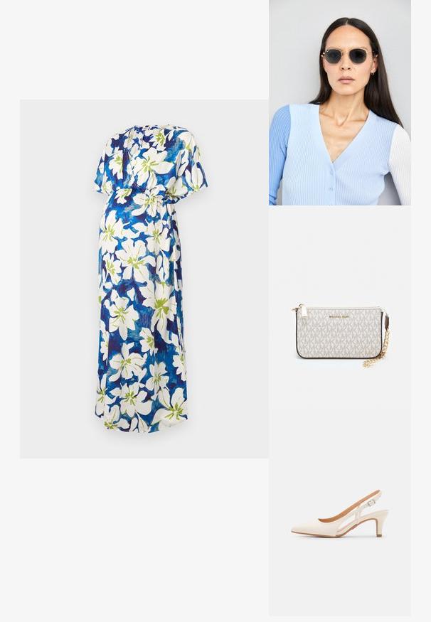 Maxi suknelė su trumpomis rankovėmis, balta pagrindu ir mėlynos bei žalios gėlės raštu. Susiraukšlėjusi liemens konstrukcija suteikia laisvą prigludimą.; Balti slingback kulniukai su smailiu pirštu, lygia viršutine medžiaga, žemu blokuotu kulnu ir šoniniu išpjovimu su reguliuojamu sagtimi.; Apskriti saulės akiniai su tamsiais objektyvais ir auksiniais rėmeliais. Modelis vilki šviesiai mėlyną, raukinį kardiganą su mygtukais ir kontrastingomis baltomis rankovėmis.; Michael Kors rankinė smėlio spalvos dengto kanvoje su pakartotiniu MK logotipo raštu, auksinėmis detalėmis ir nuimamu grandininiu dirželiu.