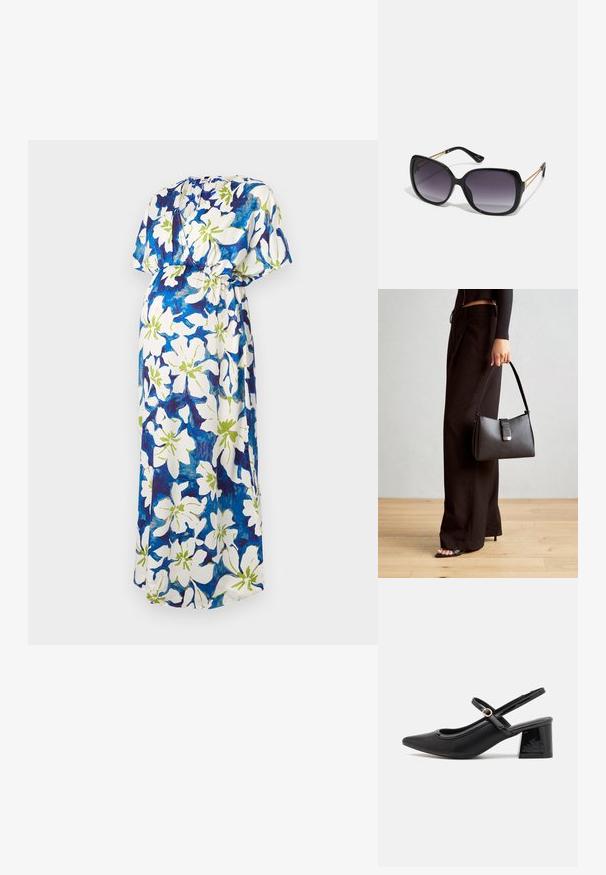 Rochie maxi cu mâneci scurte, având o bază albă și un model floral în culori albastre și verzi. Design cu talie strânsă pentru o potrivire relaxată.; Cizme cu toc slingback din piele sintetică lacuită neagră, cu vârful ascuțit, un design cu decupaj rotunjit și toc bloc. Include un accent cu cataramă de culoare aurie.; Ochelari de soare negri, supradimensionați, cu lentile degradate, rame groase și detalii cu lanț de ton auriu pe brațele templului.; Genți negre cu o formă structurată, textură netedă și un închizător metalic. Asortată cu pantaloni negri largi și sandale cu vârf deschis pe un podea din lemn.