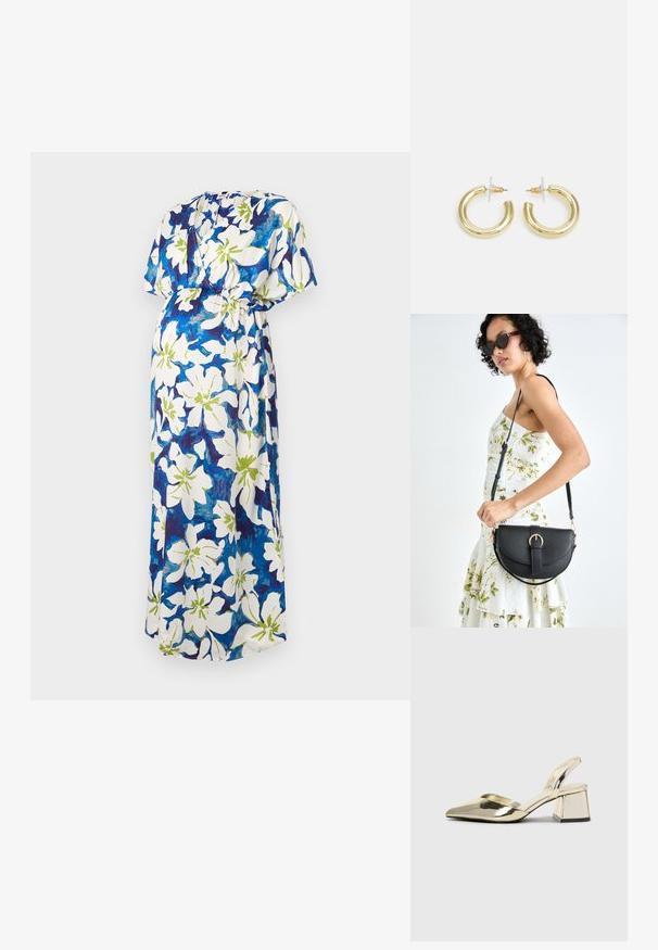 Maxime dress with short sleeves, featuring a white base and a floral pattern in blue and green. Gathered waist design for a relaxed fit.; Kultaiset, metalliset slingback-kengät, joissa on teräväkärkiset ja paksut korot. Sileä pinta, minimalistinen muotoilu ja kapea hihna.; Musta nahkainen käsilaukku, joka on kaareva muotoilultaan, irrotettavalla hihnalla ja kultaisilla yksityiskohdilla. Laukussa on läppä, jossa on solk yksityiskohta.; Kultaketjut kullasta, joissa on sileä, kiiltävä pinta. Pyöreä muotoilu, jossa on pieni tappi ja kirkas taustalevy turvalliseen käyttöön.