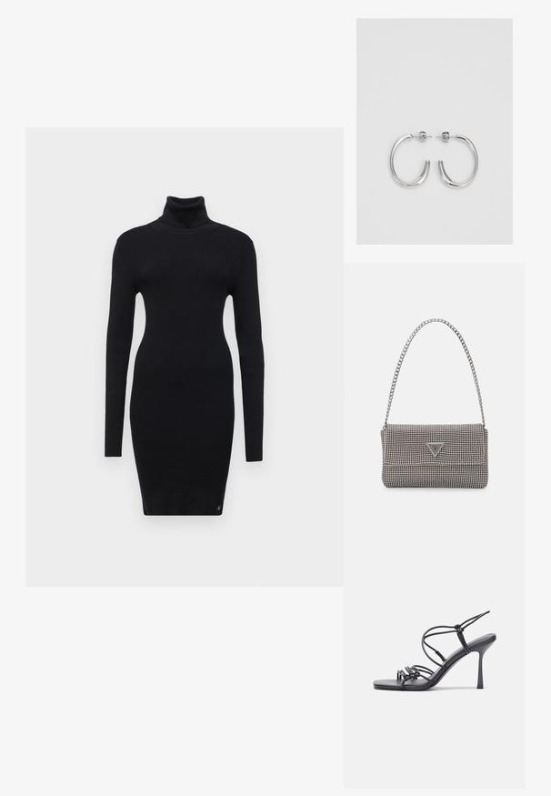 Črna rebrasta obleka z visokim ovratnikom in dolgimi rokavi, ki ima telesno prileganje in rahlo elastiko za udobje. Brez vidnih vzorcev ali dodatkov.; Črne visoke sandale na peto imajo tanke naramnice z vozlom, gladek kvadratni toe in eleganten stiletto peto.; Svetlo siva kovinska torbica z verižnim ročajem, okrašena z majhnimi okroglimi kovinskimi bleščicami in trikotnim logotipom blagovne znamke.; Srebrne obročaste uhane z gladko, sijočo površino. Zaobljena oblika, lahka zasnova, z zapiranjem na zatič.