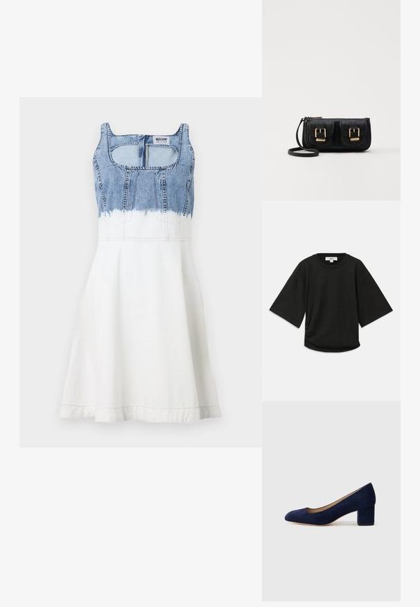 MOSCHINO JEANS Džinsa auduma kleita - multi ice; Melnā īsā piedurkņu T-kreklā, kas izgatavots no mīksta kokvilnas auduma, ir apaļa kakla izgriezuma un brīva piegriezuma ar vieglu sakopojuma detaļu sānos.; Tumši zili zamšādas kurpes ar norādītu degunu un vidēja augstuma blokveida papēdi. Gluda tekstūra ar smalku spīdumu un nelielu izgriezumu priekšā.; Melnas ādas crossbody soma ar divām priekšējām kabatām, zelta sprādzēm, ar rāvējslēdzēju aizdari un šauru siksnu. Strukturēta virsma un kompakta taisnstūra forma.