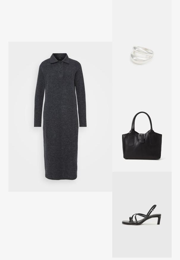 Tummanharmaa pitkähihaisessa mekossa on tekstuuri, jossa on kauluspaita-aukko ja kolmipainike-fuusio, sekä suora leikkaus helmaan.; Mustat hihnalligat, joissa on neliön muotoinen kärki ja matala lohkokorko. Ominaisuuksiin kuuluu useita ohuita hihnoja ja säädettävä nilkkahihna. Valmistettu sileästä nahasta.; Musta nahkainen olkalaukku, jossa on sileä pinta, ryhdikäs muoto, kaksi kahvaa ja silmienpistävä hopeinen solkiyksityiskohta edessä.; Hopeinen kaksinkertainen rengas, jossa on sileä, kiillotettu pinta. Siinä on sulava, kaareva muotoilu, jossa on päällekkäisiä osia modernin ilmeen saavuttamiseksi.